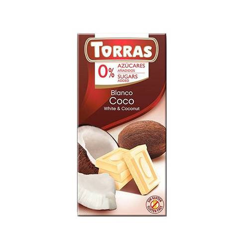 Ciocolată albă Torras cu Cocos, fara zahăr și fără gluten, 75 g